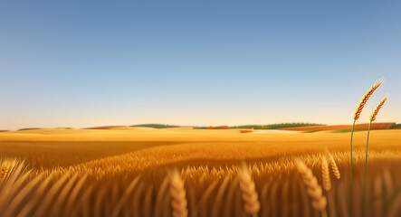 Obraz premium Golden wheat field close-up with gentle blurred sky in the background, providing open copy space above.