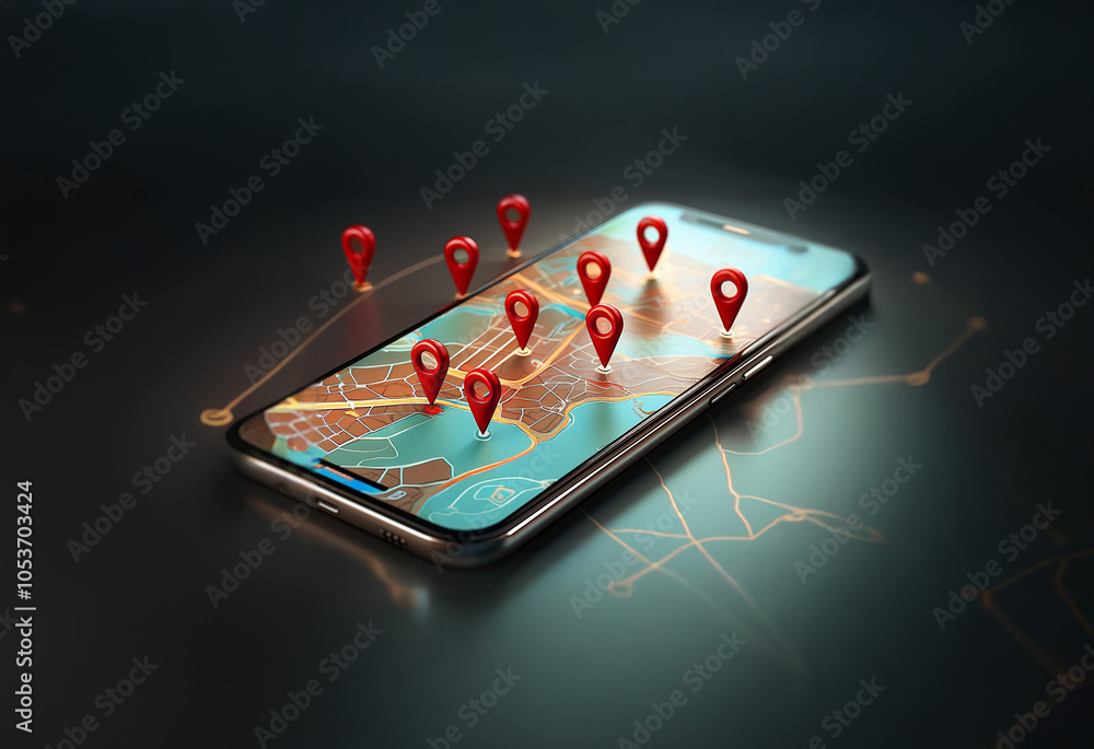 Poster a smartphone with a map displayed on the screen. multiple red location markers are scattered around 