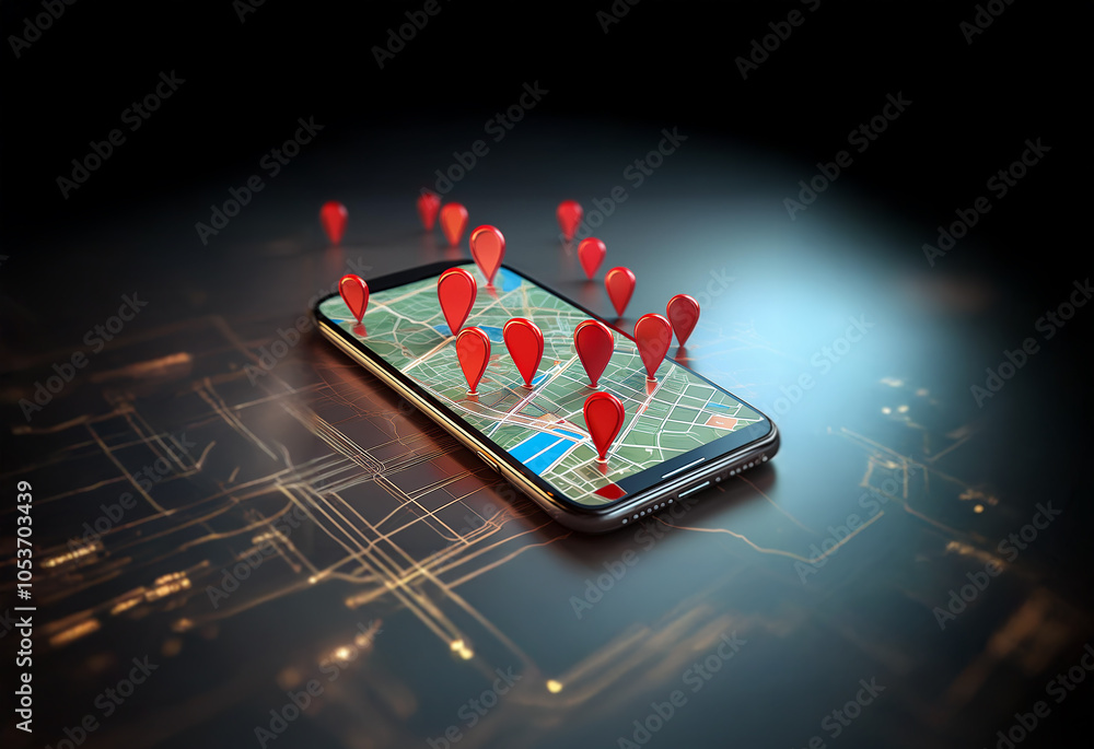 Poster a smartphone displays a map with numerous red pins, suggesting multiple locations.
