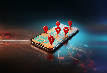 A smartphone with a map displayed on the screen with several red location pins scattered around.