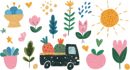 colorful charcoal cute animals, plants and cute car in colorful, whimsical kids style. Colorful truck carrying fruits and flowers, perfect for springtime decoration or children's art