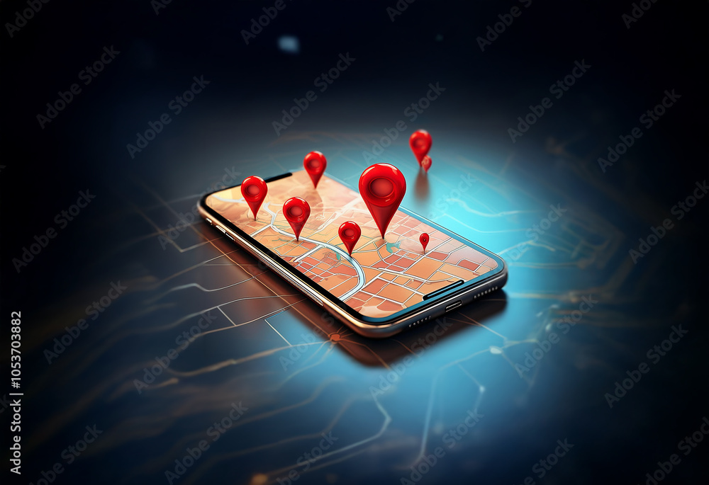 Poster a smartphone lays on a circuit board with multiple red location pins on the map displayed on its scr