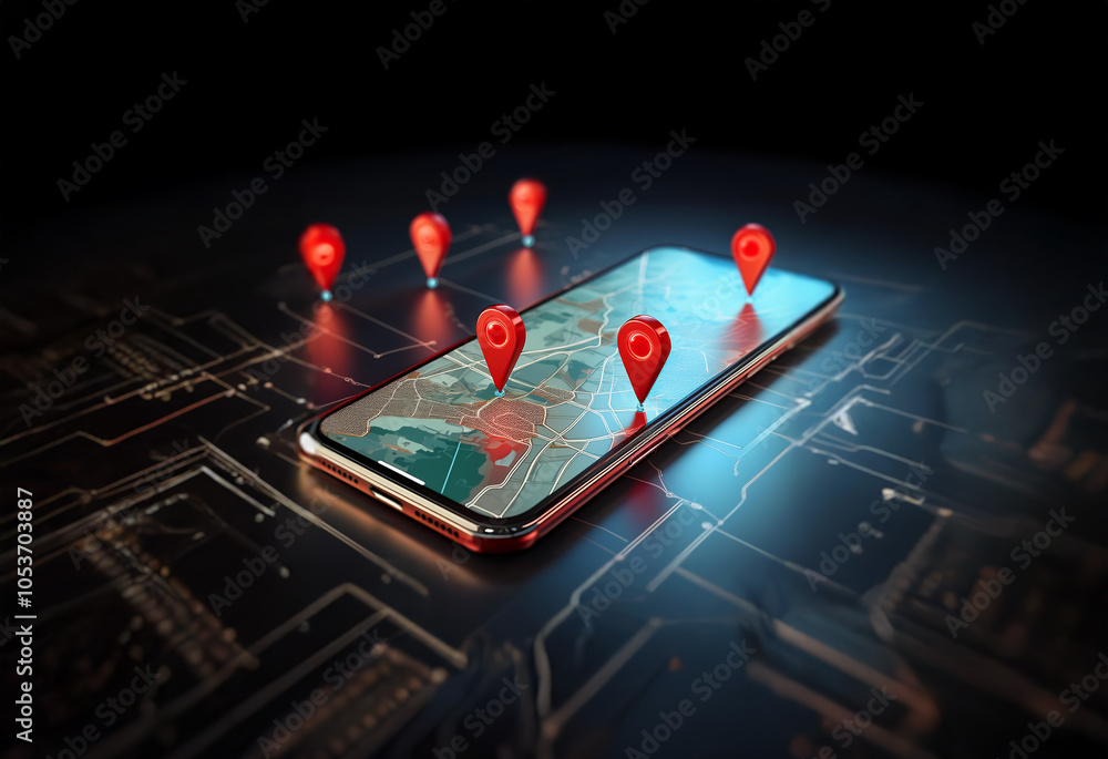 Aufkleber a smartphone with a map displayed on its screen surrounded by red location markers.