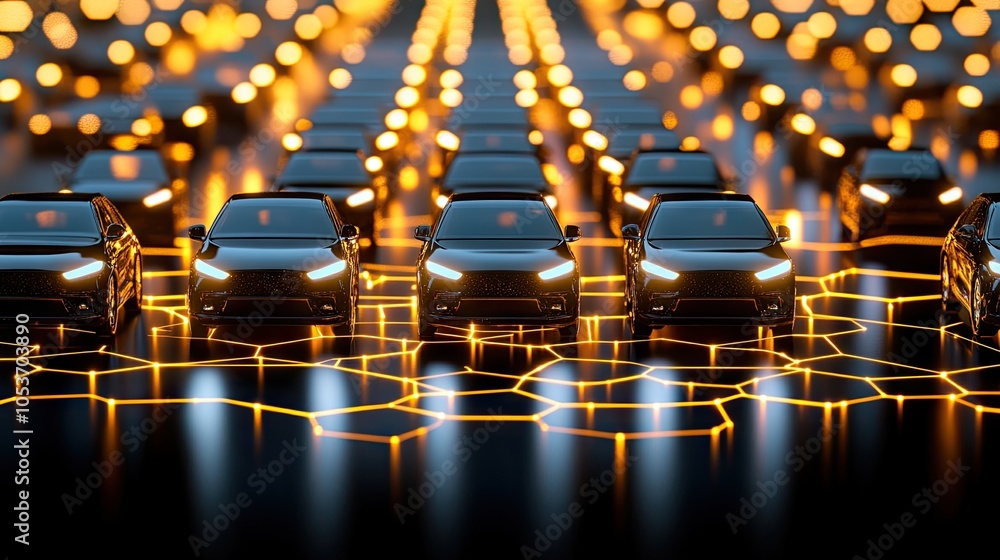 Poster traffic monitoring technology showcasing cars on a highway with an innovative hexagonal pattern over