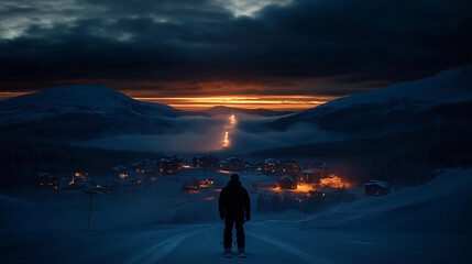 Obraz premium Silhouette of Person Overlooking Snowy Mountain Village at Dusk