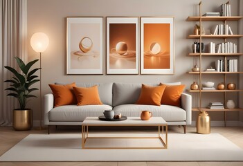 Fototapeta premium Modern Interior Mockup Poster Frame in Contemporary Living Room – 3D Render Illustration, Realistic 3D Mockup of Poster Frame in a Contemporary Living Room Setting