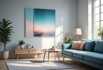 Modern Interior Mockup Poster Frame in Contemporary Living Room – 3D Render Illustration, Realistic 3D Mockup of Poster Frame in a Contemporary Living Room Setting