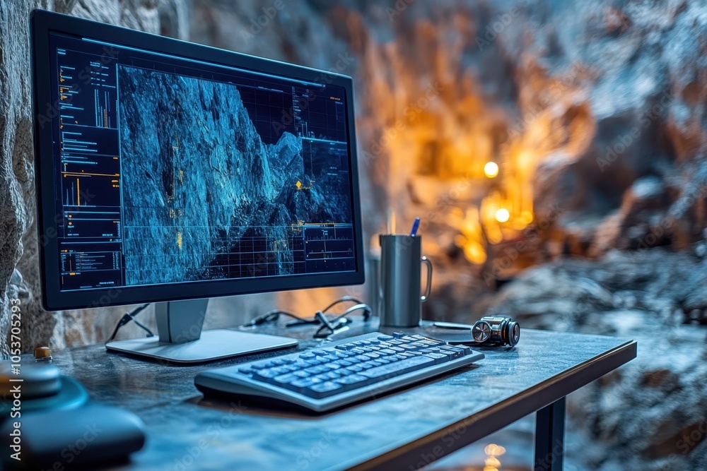 Poster computer workstation displaying data analysis in a cave setting with ambient lighting at twilight