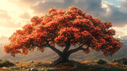 A Lush, Fruit-Bearing Tree on a Hillside with a Mountainous Background