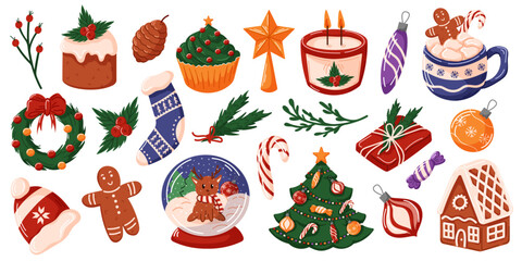 Festive Christmas set with holiday elements like gingerbread man, house, tree, ornament, candle, wreaths and gift. Ideal for holiday themed illustration, card, and decoration. Cartoon.
