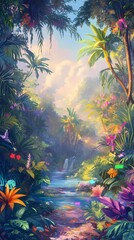 A close-up of colorful jungle flowers showcasing their vibrant hues against a rich green backdrop.