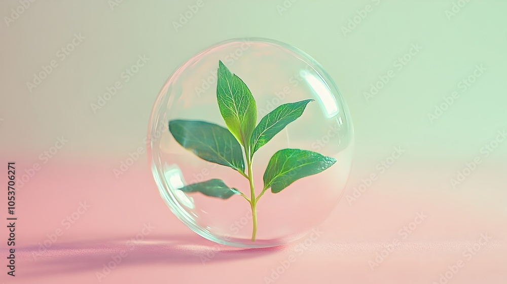 Poster delicate sprout floating in transparent bubble on pastel background