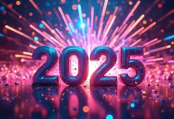 Happy new year 2025 typography greeting card, poster, banner with celebration elements. Happy new year walpaper.