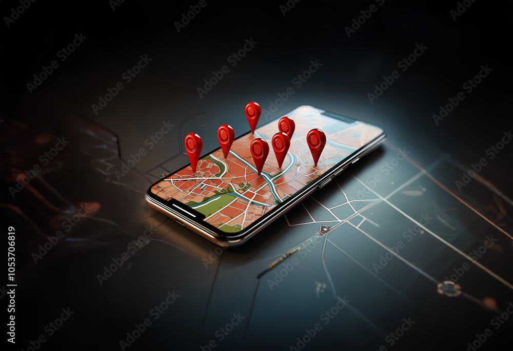 Poster a smartphone with a map app open, displaying multiple red location pins.