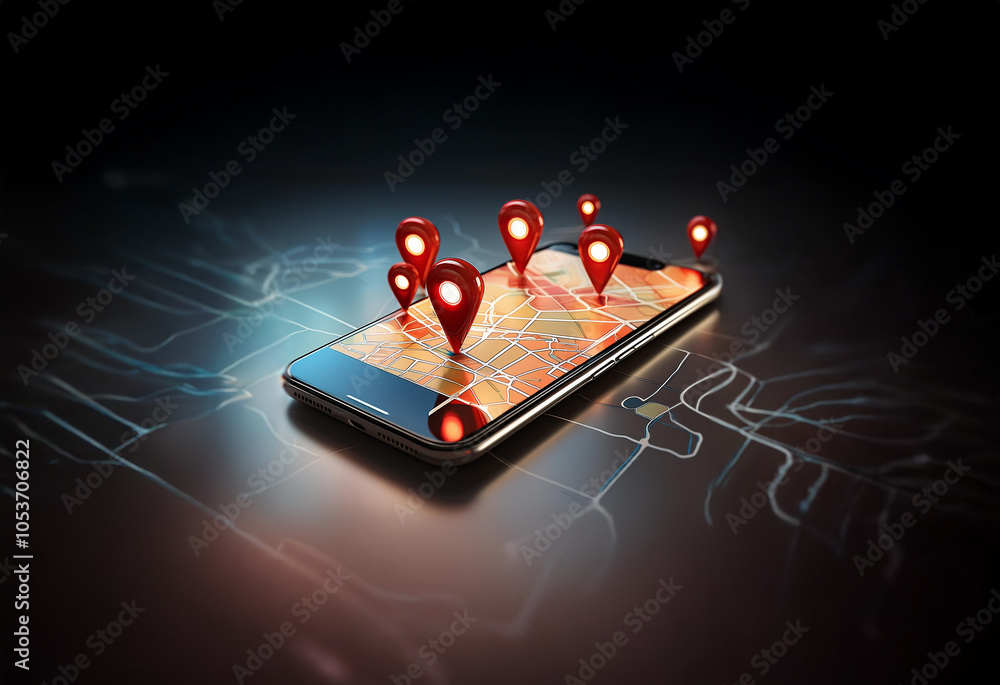 Aufkleber a smartphone with a map and multiple location markers hovering above it.