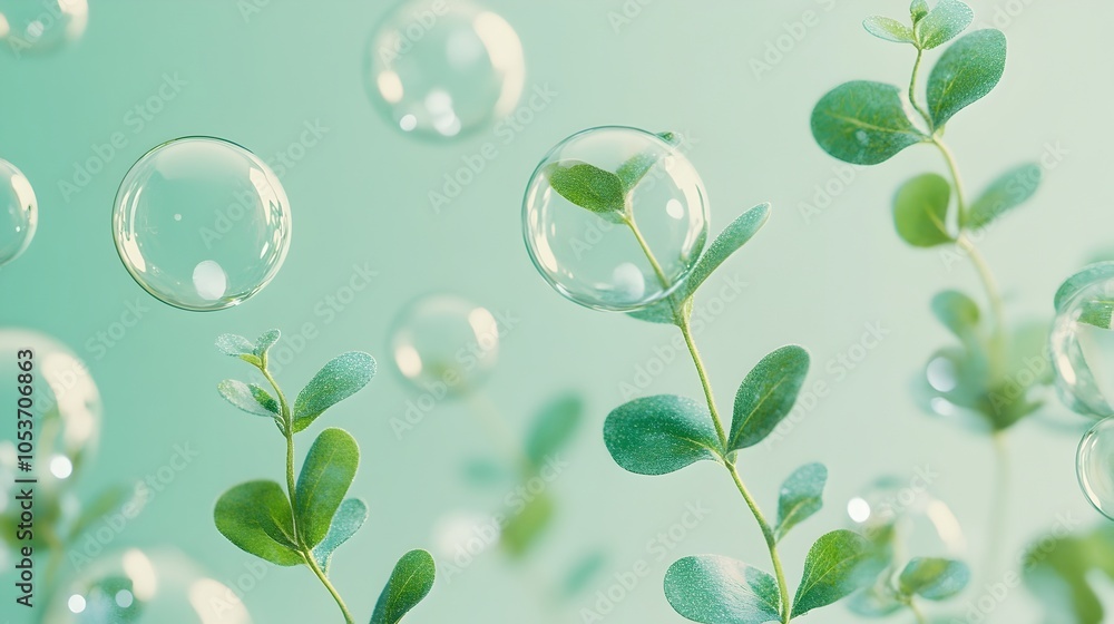 Poster tiny plant surrounded by floating bubbles on light green gradient background