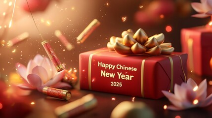 A festive red gift box celebrating the Chinese New Year, adorned with golden decorations and surrounded by firecrackers and flowers.