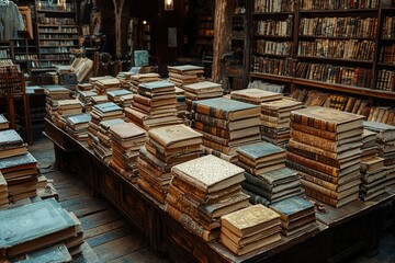Obraz premium Stacks of Vintage Books in a Dimly Lit Library