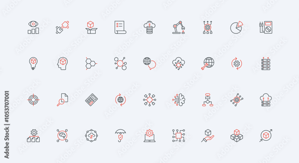 Aufkleber big data, machine learning, algorithm and structure visualization with ai line icon set. automatic p