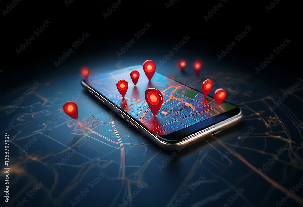 Poster a smartphone lies on a digital map with red location markers scattered around it.
