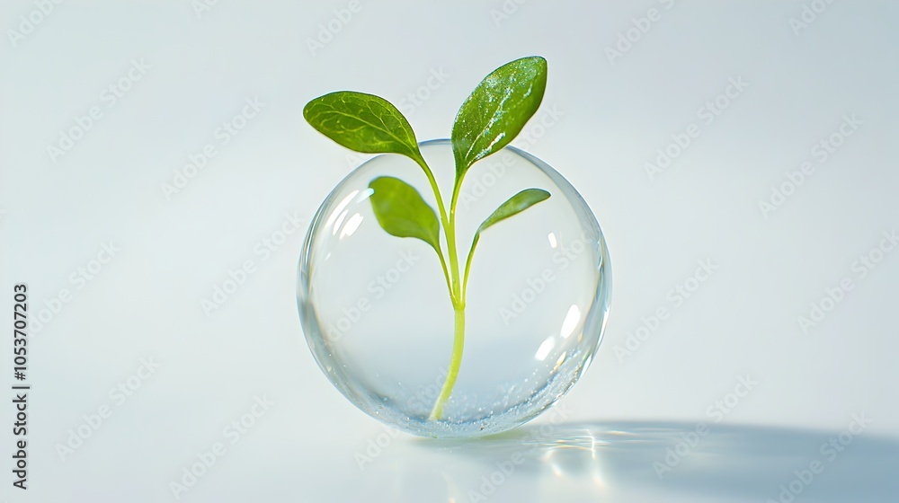 Poster sprout encapsulated in floating transparent bubble with light reflections on minimalist white