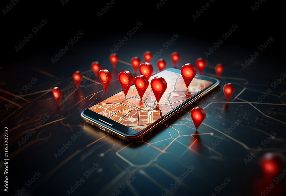 Poster a smartphone rests on a map with red location markers scattered around it.