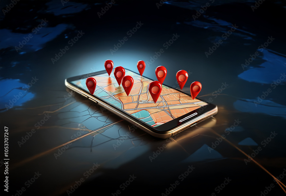 Poster a smartphone with a map displayed on the screen. several red location pins are scattered across the 
