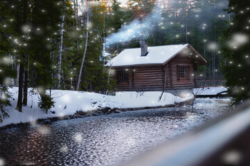 Image of a log cabin landscape by a snowy waterfront