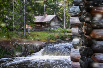 Image of a log cabin landscape by a snowy waterfront