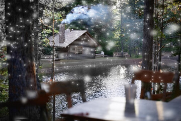 Image of a log cabin landscape by a snowy waterfront