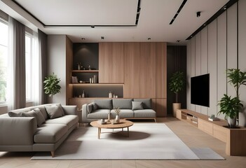 Modern Interior Mockup Poster Frame in Contemporary Living Room &ndash; 3D Render Illustration, Realistic 3D Mockup of Poster Frame in a Contemporary Living Room Setting