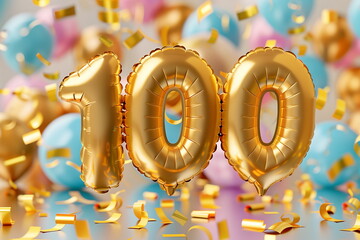 Helium golden balloons in shape of number 100. Birthday jubilee party or business anniversary for one hundred years celebration. 100 followers or likes in social media. pastel blue and pink	
