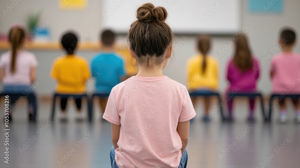 Poster group of elementary students organizing and arranging classroom furniture and accessories during a s
