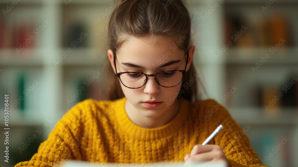 Poster determined middle school student tackling difficult math homework with deep and focus in front of bo