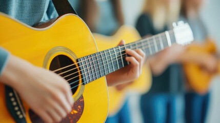 Obraz premium Teenage Guitarist Practicing and Honing Musical Skills on Acoustic Guitar at Home with Depth of Field Effect Relaxing and Focused on Developing Talent and Passion for Music