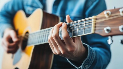 Young male teenager practicing playing acoustic guitar at home relaxing and honing his musical talents and skills with a blurred natural lighting background and deep depth of field