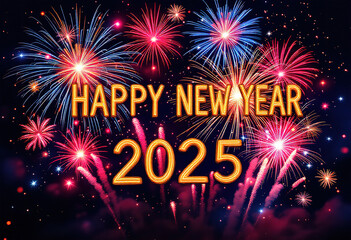 Happy new year 2025 typography greeting card, poster, banner with celebration elements. Happy new year walpaper.