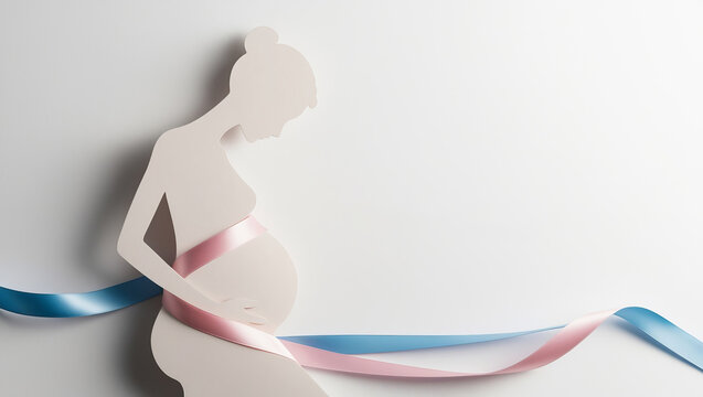 World Prematurity day concept. Banner with blue and pink riboon and pregnant woman on white background. AI generated