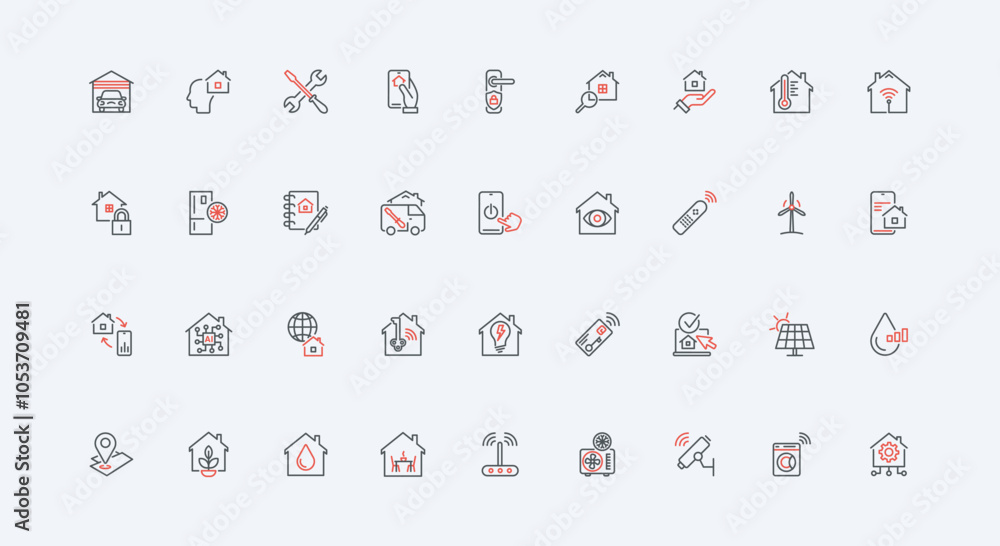 Poster smart home panel automation with mobile app in phone line icon set. light and energy, conditioning f