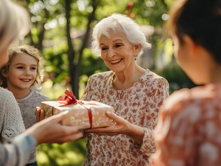 Obraz premium Grandmother Receiving a Wrapped Present with Family