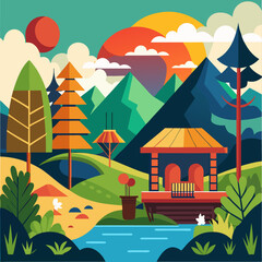 Fototapeta premium vibrant, colorful landscape with stylized trees, mountains.