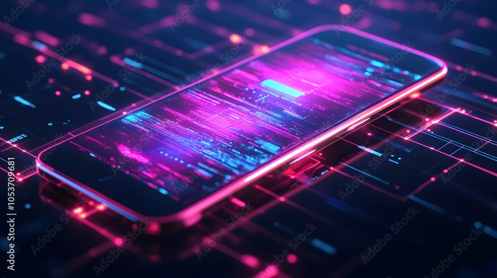 Poster futuristic device transferring data between digital screens with glowing neon lines