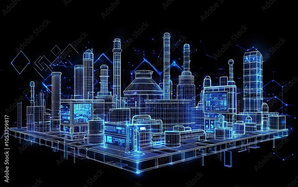 Poster a digital rendering of a futuristic industrial complex showcasing advanced technology and network co