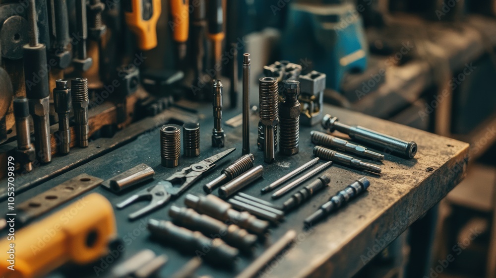 Poster precision tools in modern workshop, close-up view of meticulously organized instruments, showcasing 