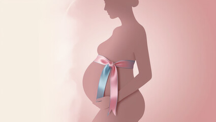 World Prematurity day concept. Banner with blue and pink riboon and pregnant woman on white background. AI generated