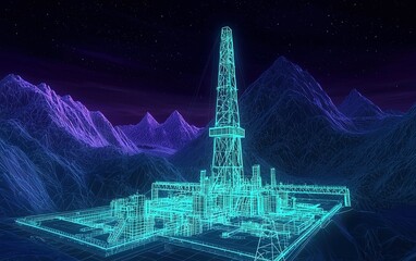 A futuristic digital representation of an oil drilling rig set against a mountainous landscape at night