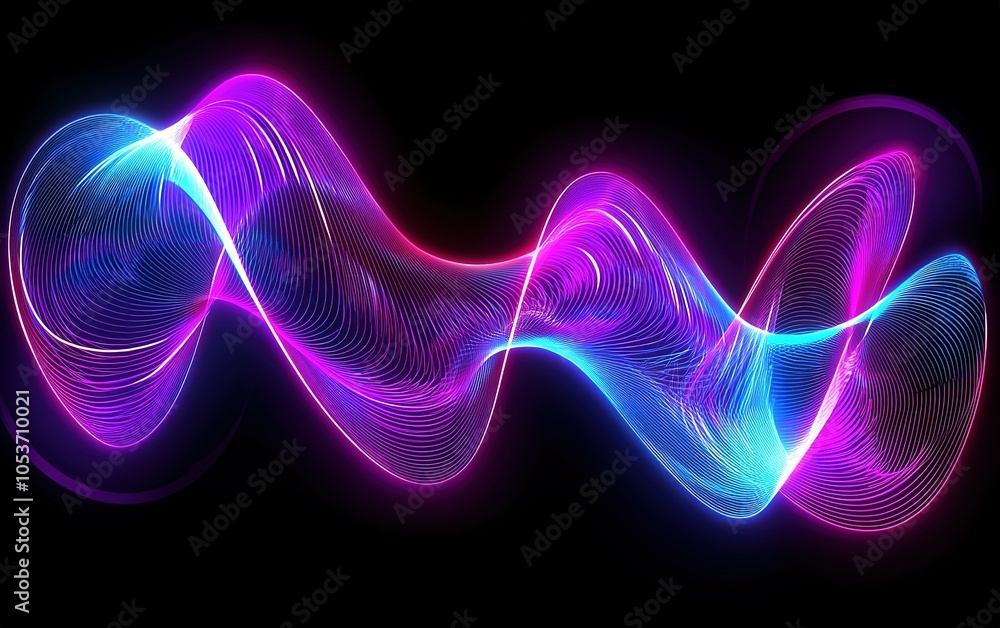 Poster dynamic neon wave pattern with vibrant colors and flowing lines against a black background, perfect 