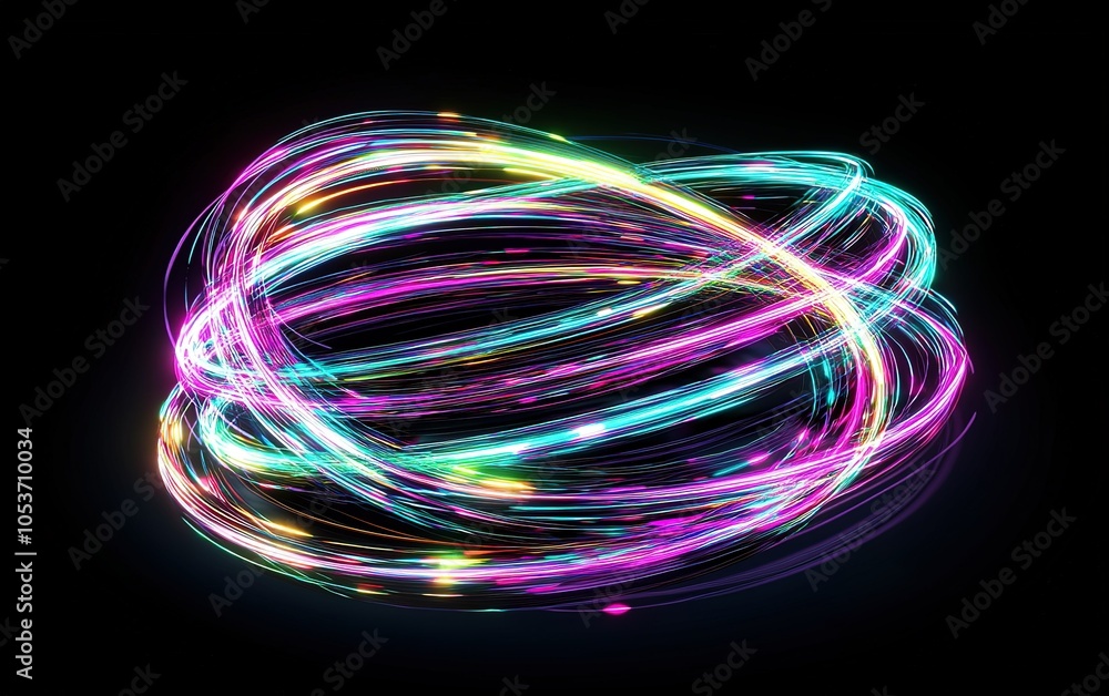 Poster dynamic swirling light patterns in vibrant colors against a dark background, showcasing motion and e