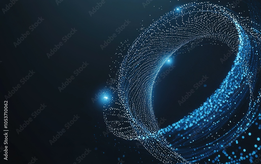Poster abstract blue digital wave composed of glowing dots swirling against a dark background, illustrating
