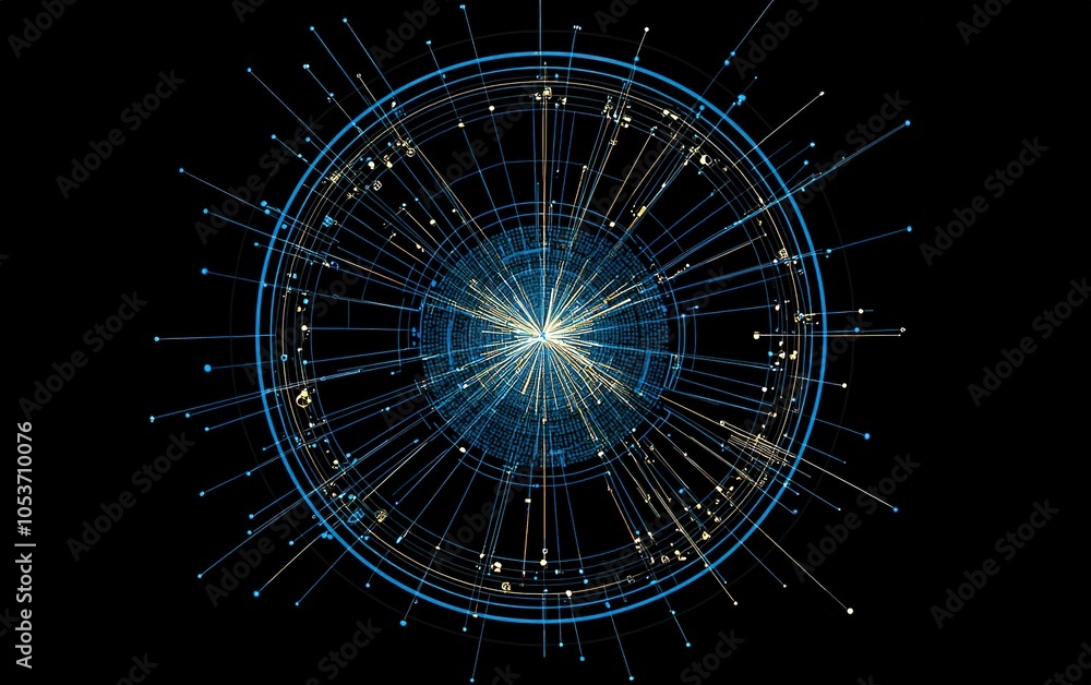 Poster Visual representation of particle collision events illustrated with energy paths and particle trajectories against a dark backdrop